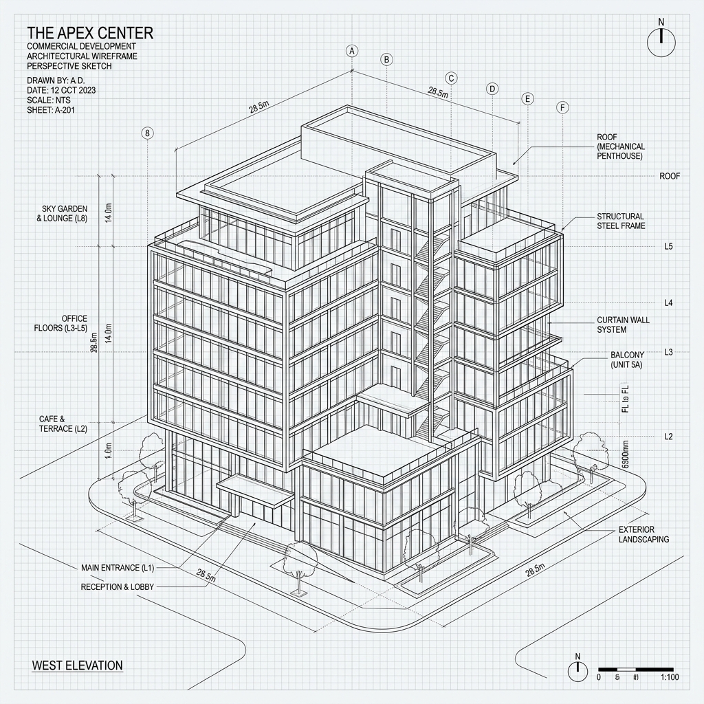 Architectural building wireframe sketch